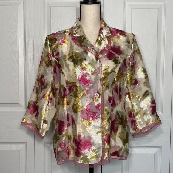 Button Front Watercolor Floral Jacket in a Silky Sheer Finish - Picture 1 of 7